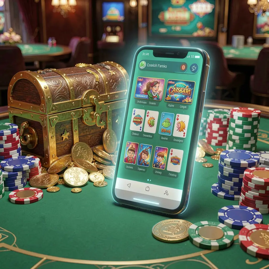 Glowing smartphone displaying top678 Android casino app layout with treasure chest, chips, and coins nearby in a luxury 3D render