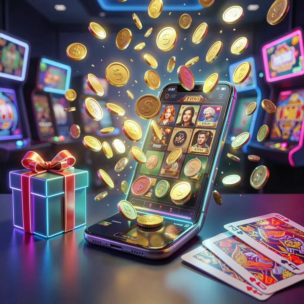 Premium realistic 3D render of a mobile casino bonus banner featuring a smartphone with coins bursting from the screen, a gift box, and cards nearby, all illuminated by a bright neon glow, showcasing top678 brand