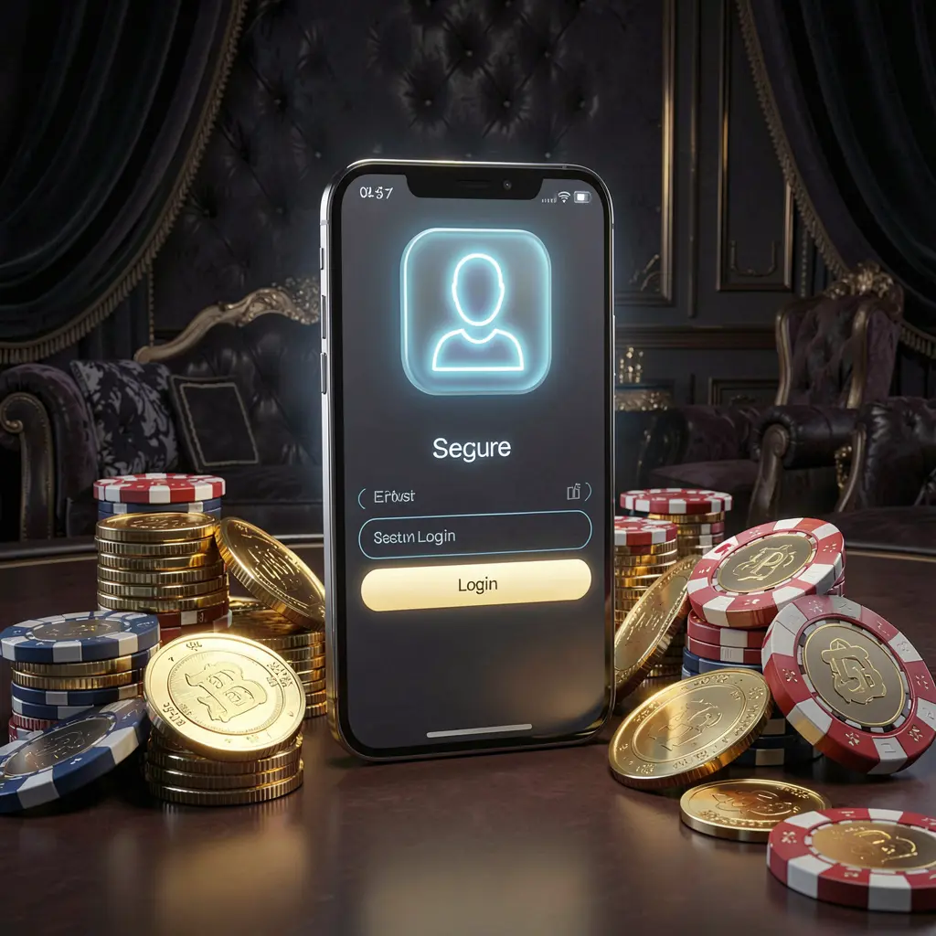 top678 online casino login page hero banner featuring a modern smartphone with a secure login screen, glowing user profile icon, golden coins and poker chips surrounding it on a dark luxury background