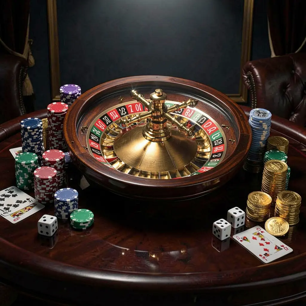 Premium casino homepage scene featuring a roulette wheel spinning on a glossy table with poker chips, dice, cards, and golden coins against an elegant dark background with cinematic lighting, showcasing top678's responsible gaming environment